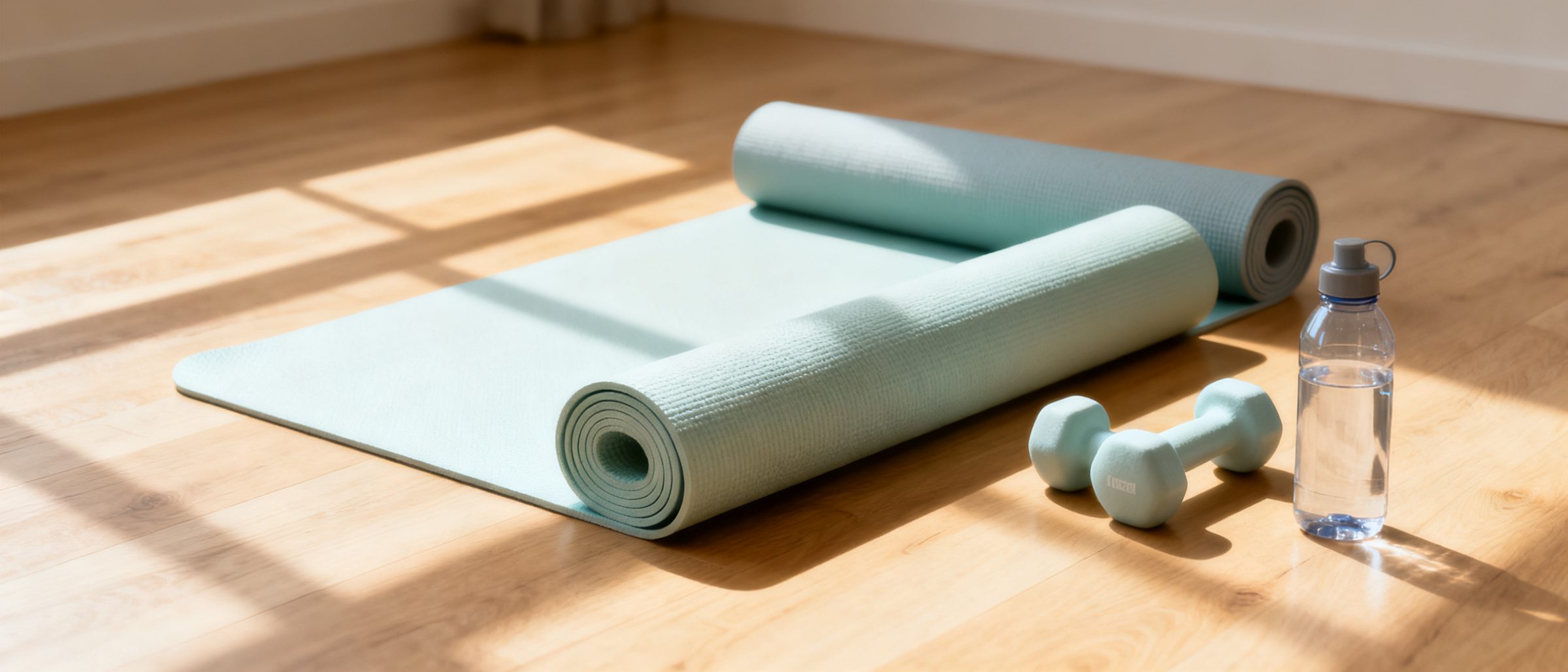 Exercise mats and light dumbbells in a sunlit studio