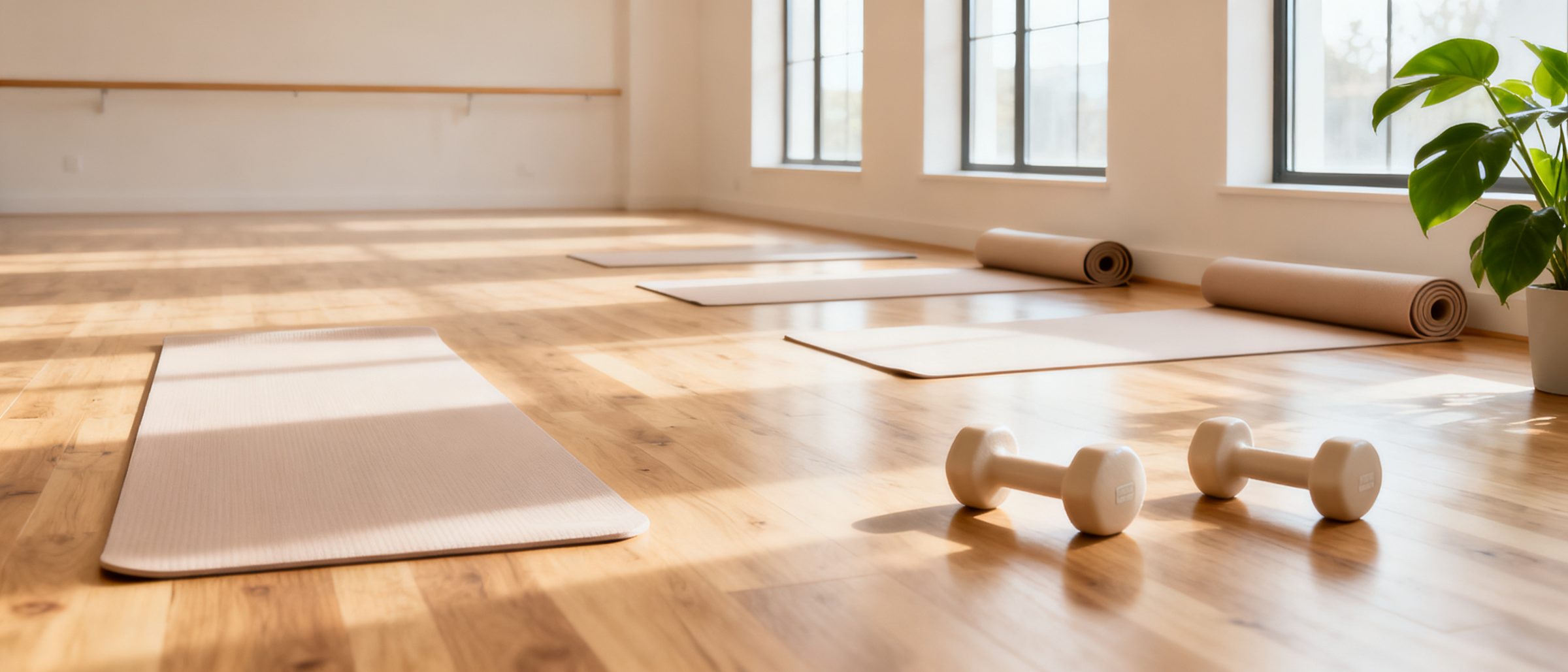 A bright gym studio in morning light with mats, dumbbells and large windows